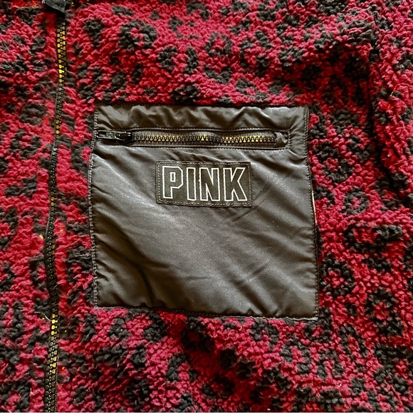 PINK medium Retro Fleece Leopard Print Pink and Black Zip Up Sweater Sweatshirt - Picture 2 of 10